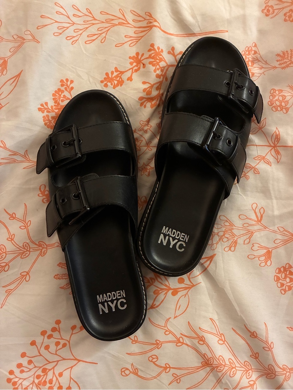 Madden NYC Black Double Buckle Slide Sandals for Women size 8.5